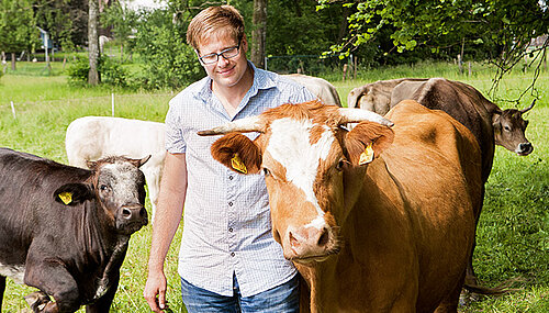 Betriebsleiter auf Kuhweide